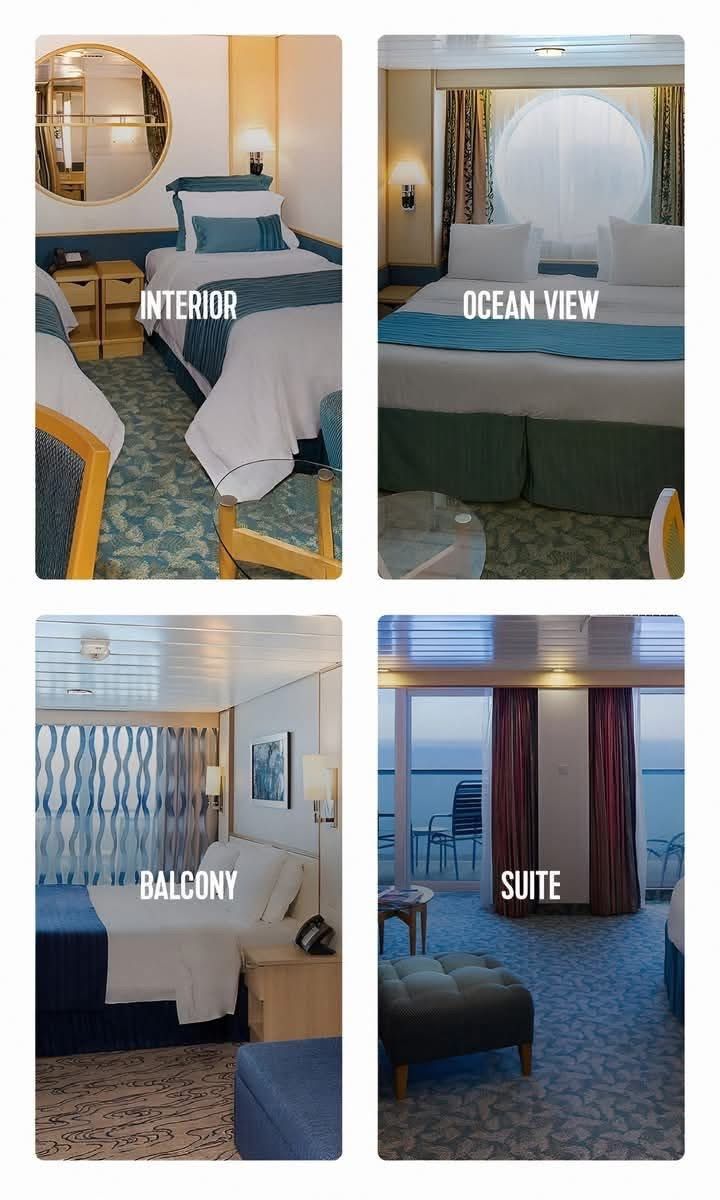 Side-by-side comparison of cruise cabin types: interior, ocean view, balcony, and suite