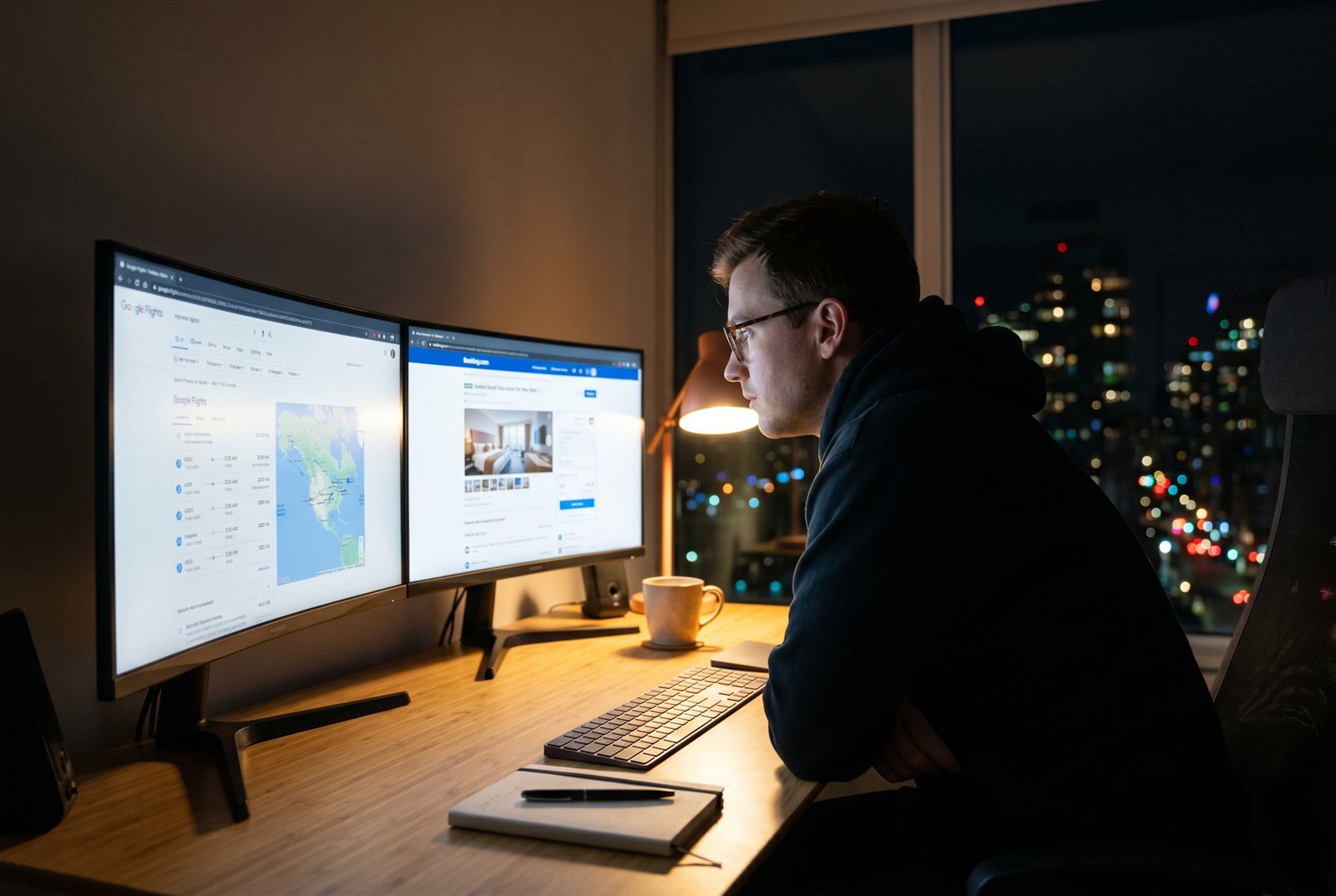 A software engineer at a desk at night comparing flight search results and hotel booking sites on two monitors