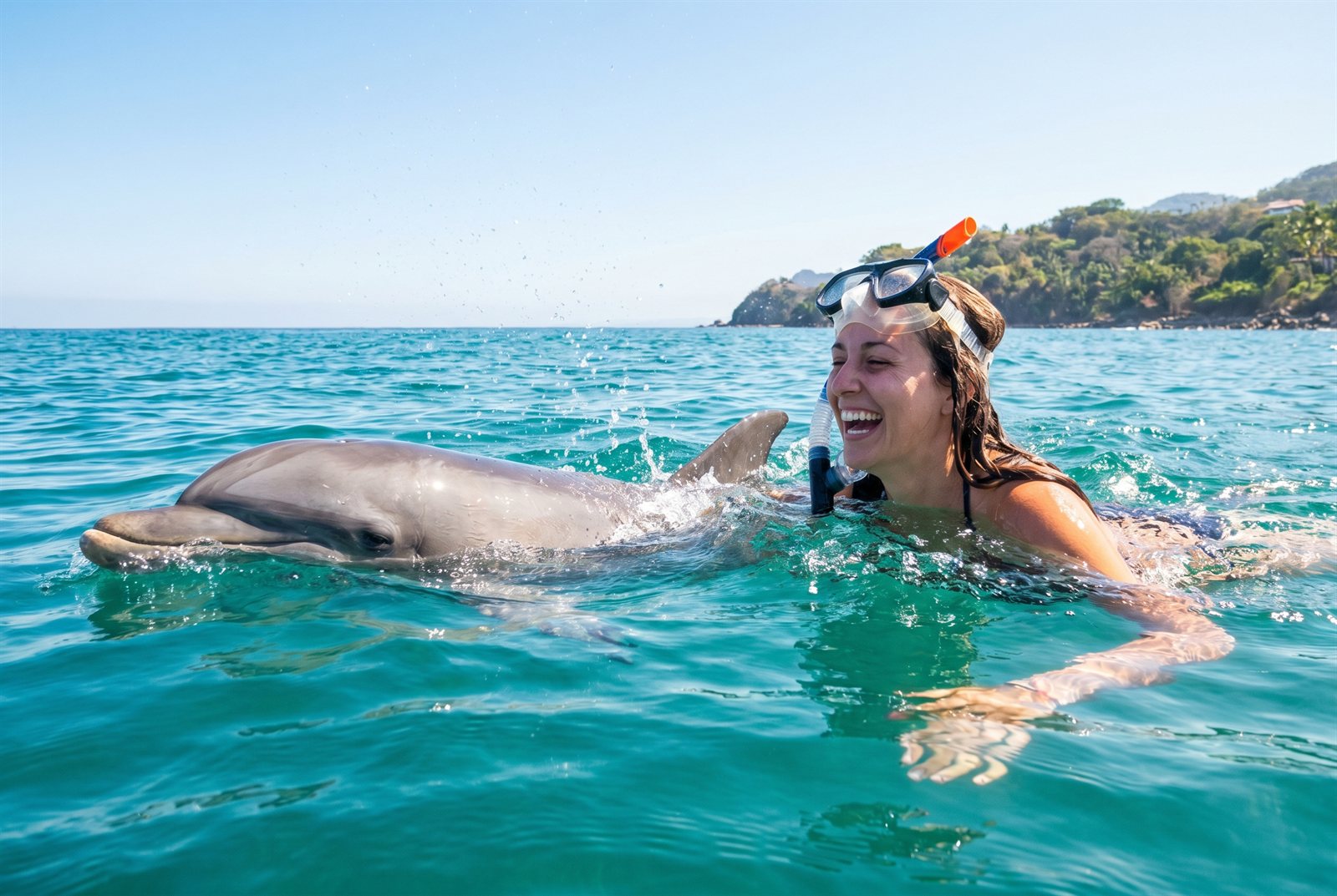 A happy traveler swimming with a dolphin in clear turquoise water near Puerto Vallarta, Mexico